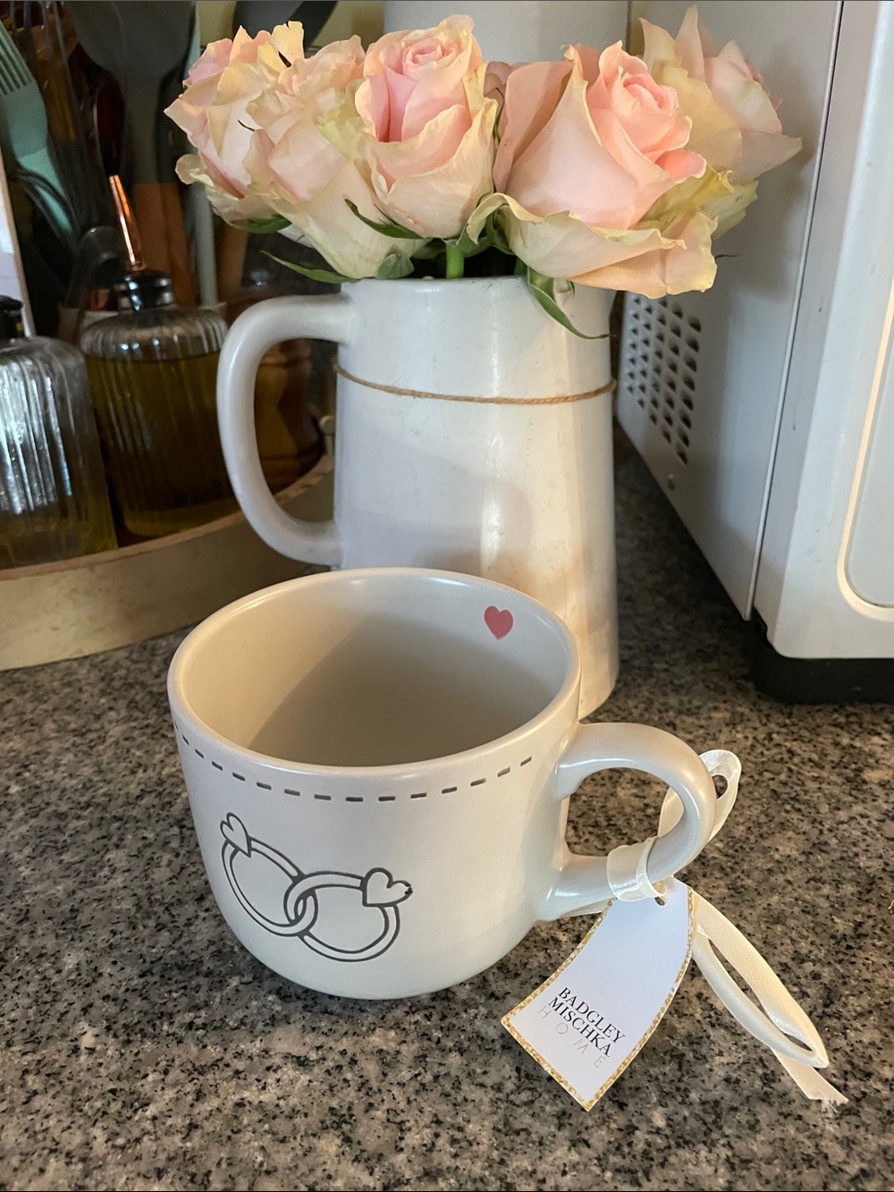 Badgley Mischka Cream and Pink Ceramic Heart Detail Mug
